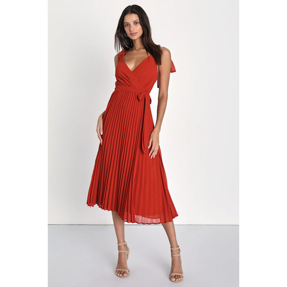 Lulus Charming Connection Rust Red Pleated Tie-strap Midi Dress - Size L